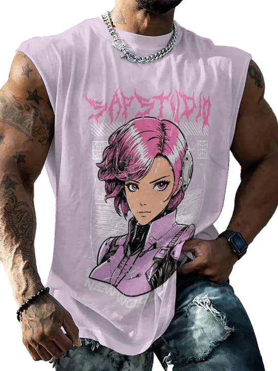 Hardaddy X Artist Muhammad Ilyas Saputro Mens Crewneck Tank Tops Japanese Two-dimensional Cartoon Sleeveless T-Shirt