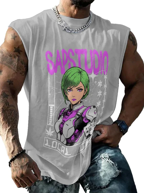 Hardaddy X Artist Muhammad Ilyas Saputro Mens Crewneck Tank Tops Japanese Two-dimensional Cartoon Sleeveless T-Shirt