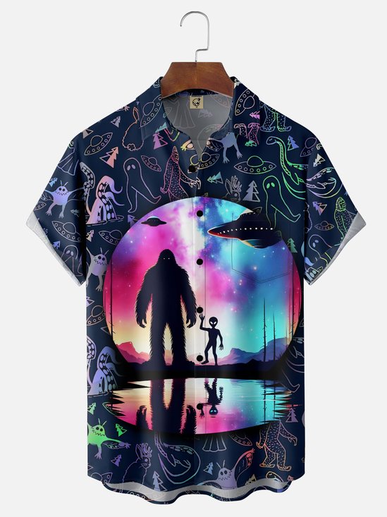 Moisture-Wicking Gradient Color Funny Alien Bigfoot Chest Pocket Hawaiian Shirt