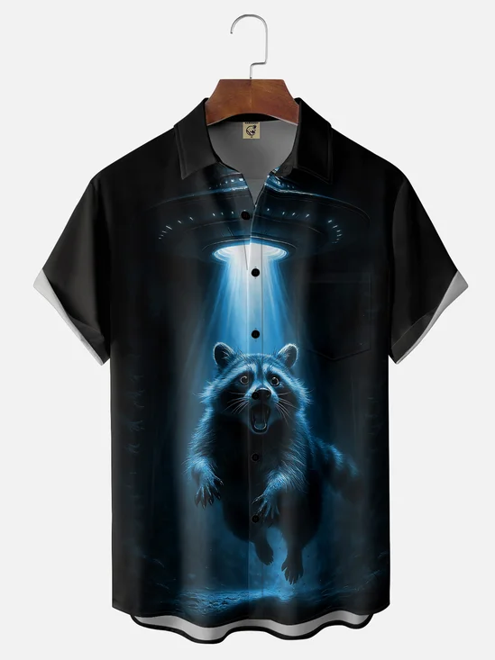 Moisture Wicking Ombre UFO Raccoon Scream Chest Pocket Hawaiian Shirt