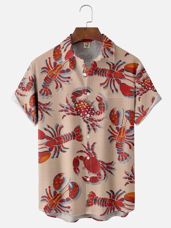 Moisture Wicking Lobster Crab Chest Pocket Hawaiian Shirt
