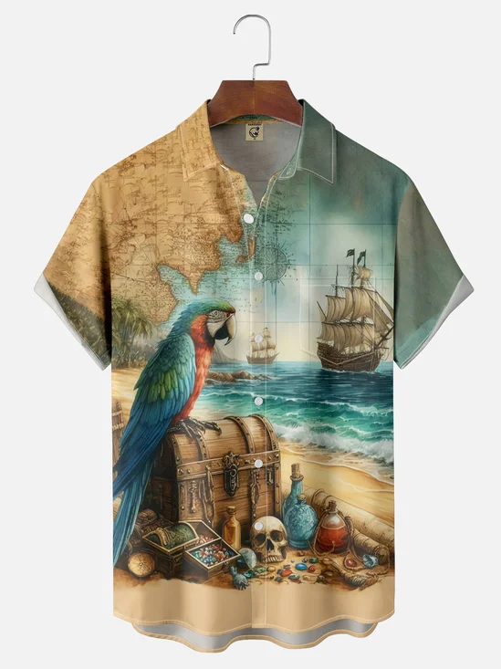 Moisture Wicking Sailboat Parrot Map Chest Pocket Hawaiian Shirt
