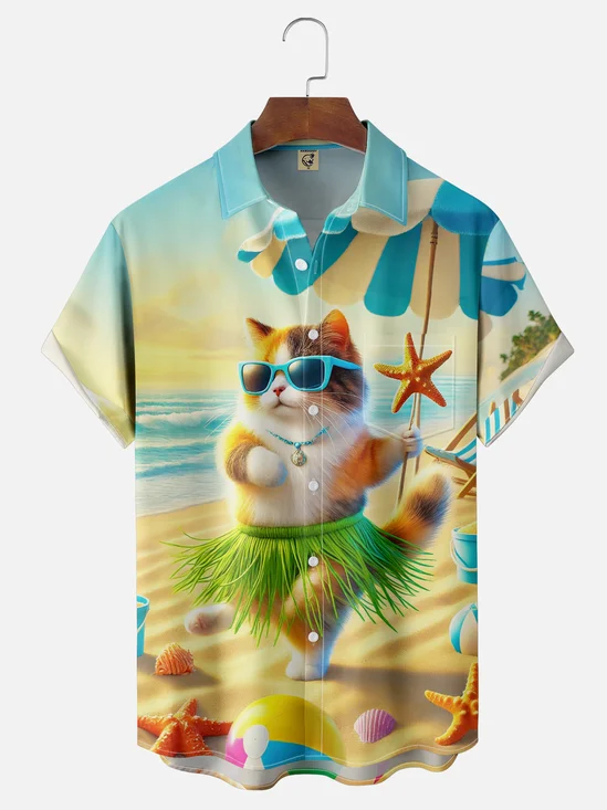 Moisture Wicking Fun Dancing Hula Cat Beach Chest Pocket Hawaiian Shirt