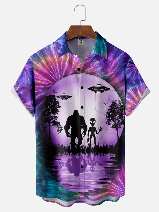 Moisture-Wicking Gradient Color Funny Alien Bigfoot Chest Pocket Hawaiian Shirt