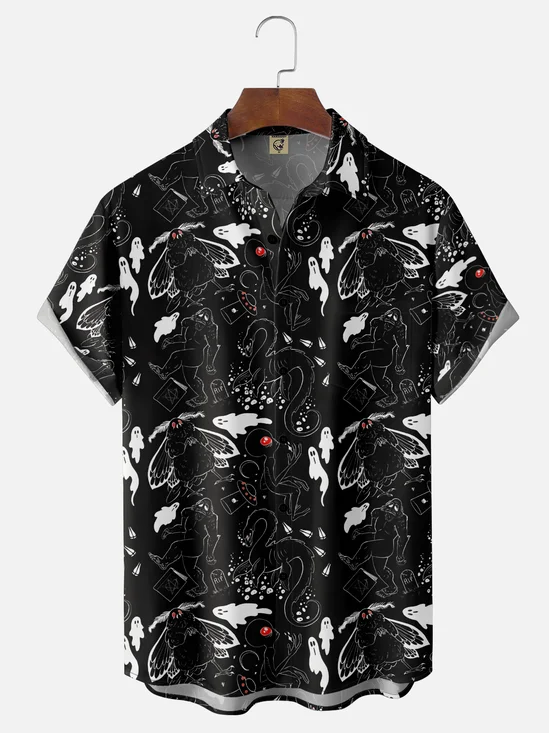 Moisture Wicking Bigfoot Mothman UFO Chest Pocket Hawaiian Shirt