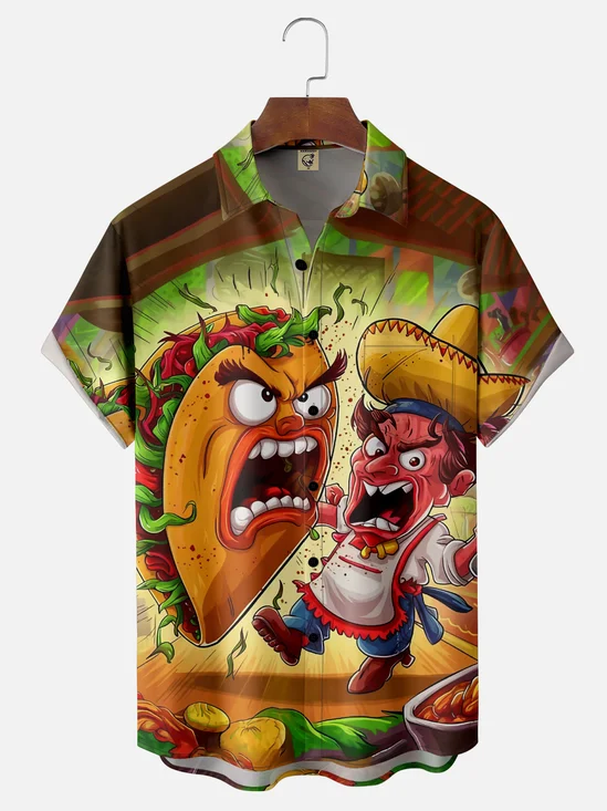 Moisture-Wicking Mexican Fun Taco Chest Pocket Hawaiian Shirt