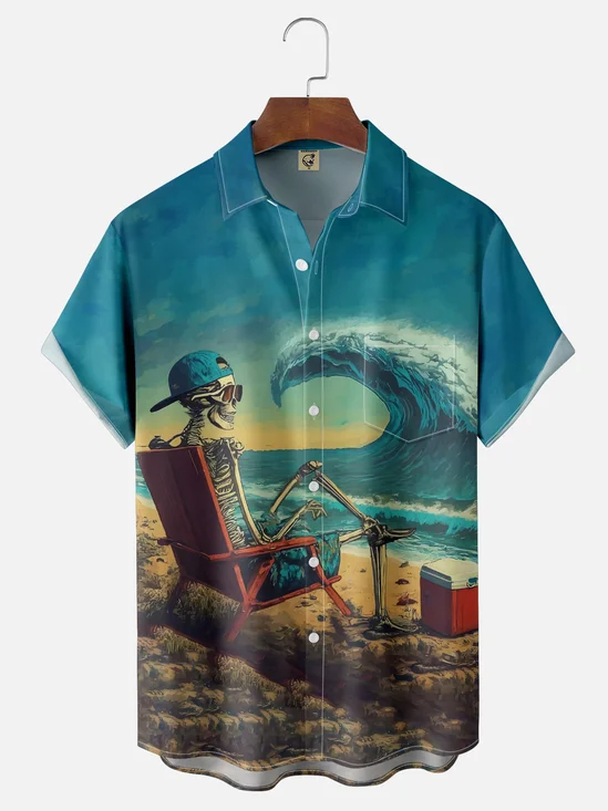 Moisture Wicking Skull Wave Chest Pocket Hawaiian Shirt