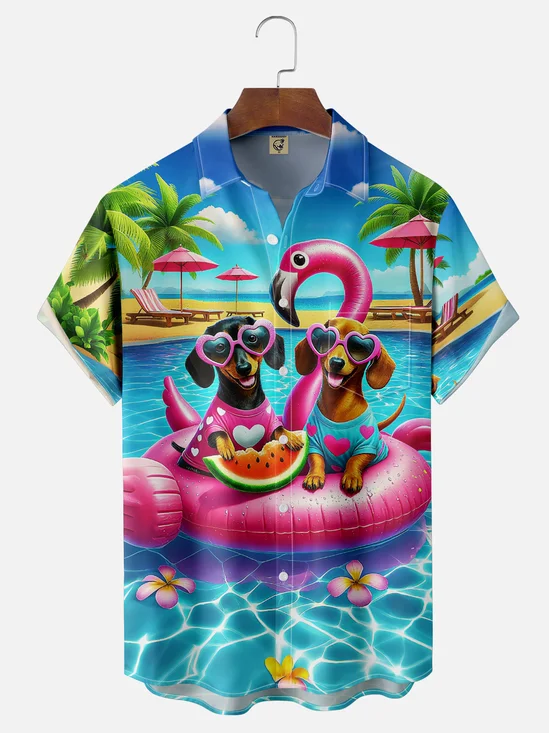 Moisture Wicking Pool Dog Coconut Tree Chest Pocket Hawaiian Shirt
