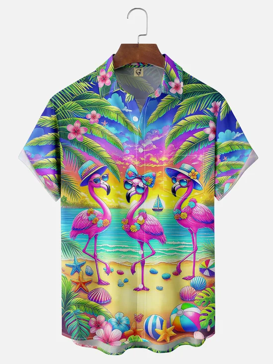 Moisture Wicking Flamingo Beach Chest Pocket Hawaiian Shirt