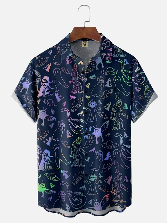 Moisture-Wicking Gradient Abstract Bigfoot Mothman Loch Ness Monster  Chest Pocket Hawaiian Shirt
