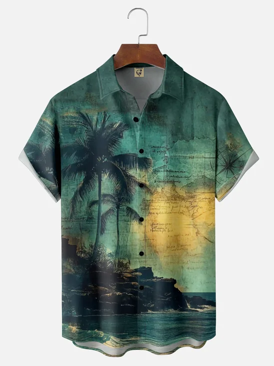 Moisture Wicking Vintage Distressed Map Coconut Tree Chest Pocket Hawaiian Shirt