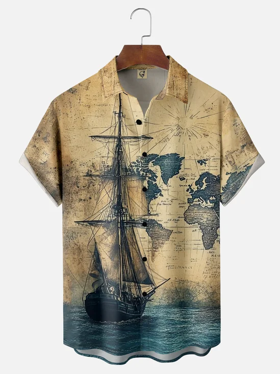 Moisture Wicking Vintage Map Sailboat Chest Pocket Hawaiian Shirt