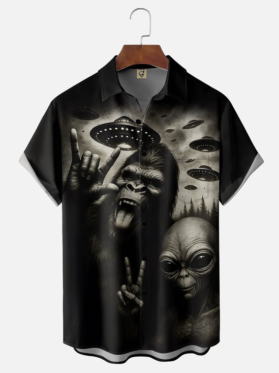 Moisture Wicking Rock Ombre UFO Bigfoot Alien Chest Pocket Hawaiian Shirt