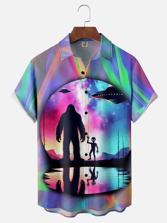 Moisture Wicking Ombre Bigfoot Alien UFO Chest Pocket Hawaiian Shirt