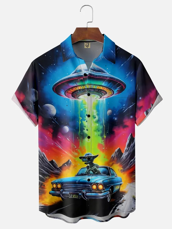 Moisture-Wicking Escaped Alien Spaceship Car Chest Pocket Hawaiian Shirt