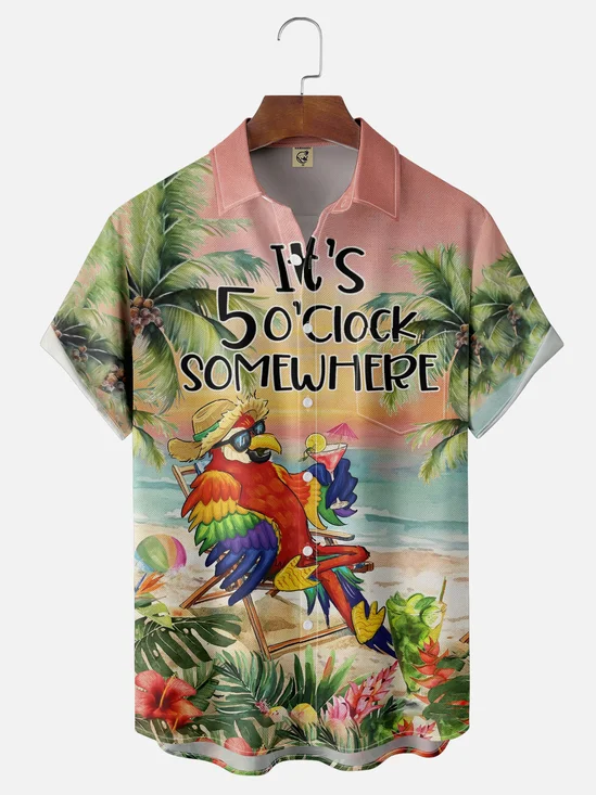 Moisture-Wicking It's 5 O'Clock Somewhere Parrot Coconut Tree Chest Pocket Hawaiian Shirt