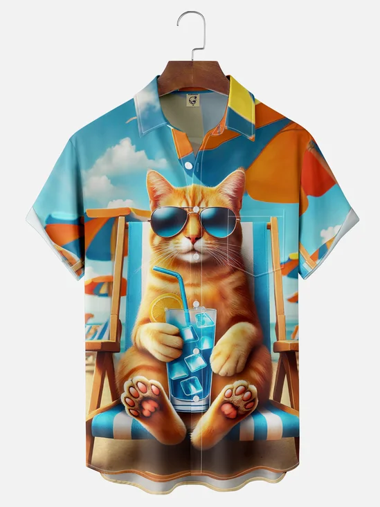 Moisture Wicking Ombre Beach Glasses Cat Chest Pocket Hawaiian Shirt