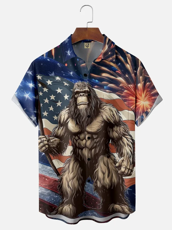 Moisture-wicking Bigfoot American Flag Independence Day Chest Pocket Casual Shirt