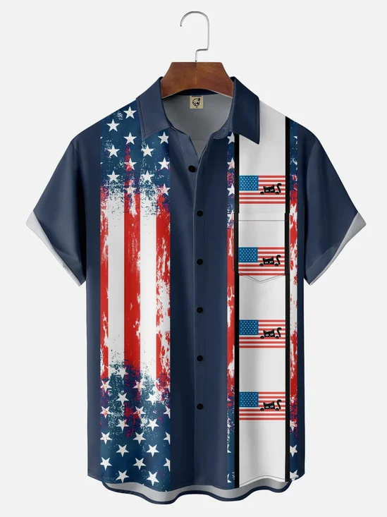 Moisture Wicking Independence Day American Flag Black Cat Chest Pocket Hawaiian Shirt