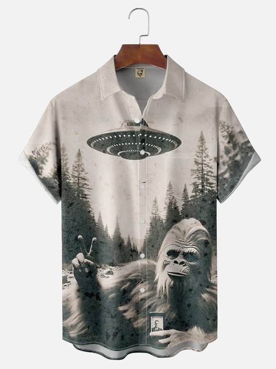 Moisture-wicking Bigfoot UFO Selfie Chest Pocket Casual Shirt