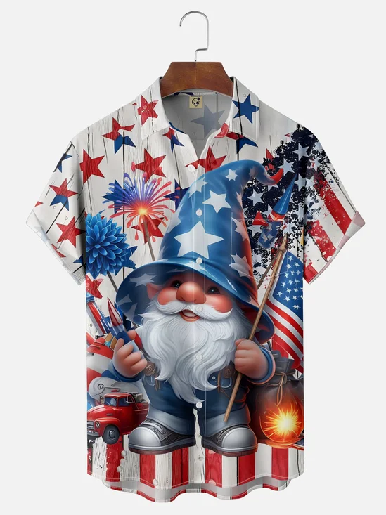 Moisture-wicking Gnome American Flag Independence Day Chest Pocket Casual Shirt