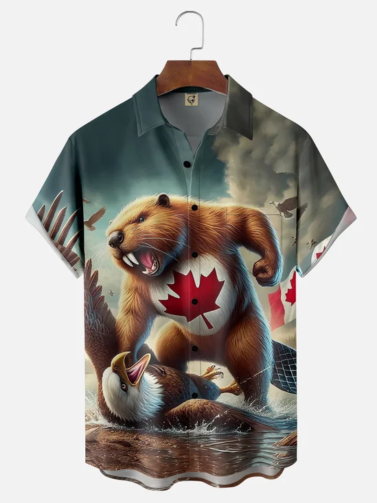 Moisture-wicking Nutria Maple Leaf Canada Day Groundhog Chest Pocket Casual Shirt