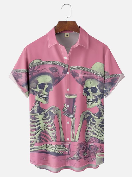 Moisture-wicking Funny Beer Skull Chest Pocket Casual Shirt