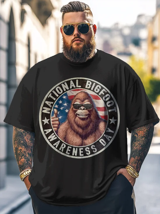 Big Size Men's Bigfoot American Flag Funny Print Loose T-shirt