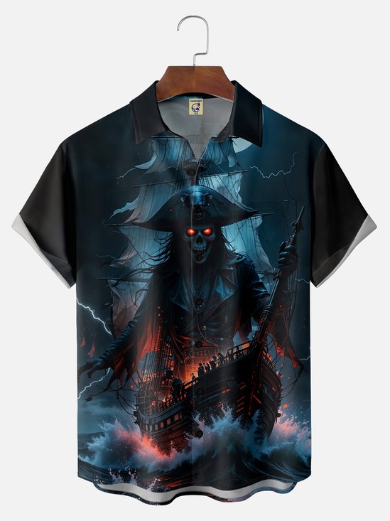 Big Size Moisture-wicking Dark Skeleton Pirate Ship Chest Pocket Hawaiian Shirt