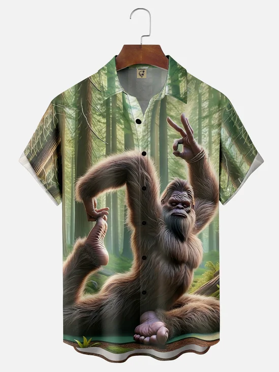 Moisture-wicking Bigfoot Yoga Fun Forest Chest Pocket Hawaiian Shirt