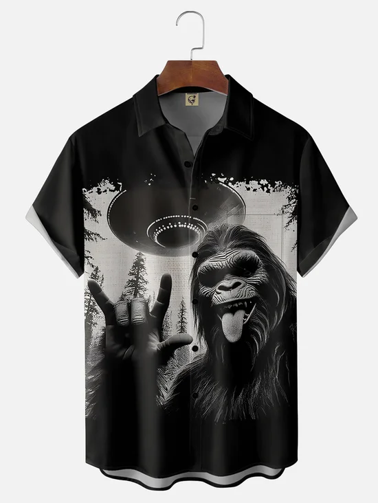 Tall Size Moisture Wicking Alien Spaceship Bigfoot Chest Pocket Hawaiian Shirt