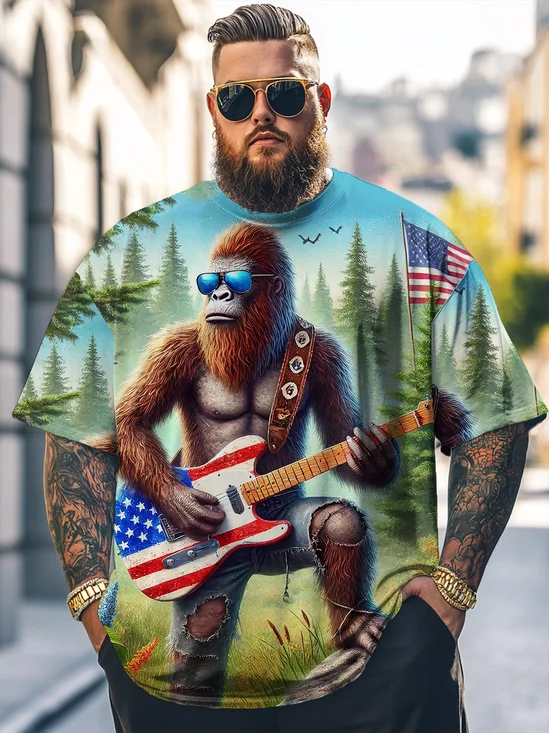 Big Size Men's American Flag Bigfoot Guitar Rock Loose T-shirt