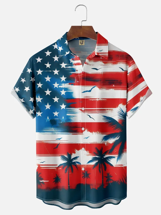 Moisture-wicking Coconut Tree American Flag Independence Day Chest Pocket Casual Shirt