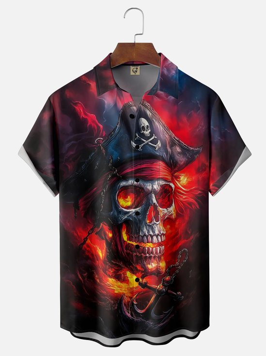 Moisture-wicking Flame Skeleton Pirate Chest Pocket Casual Shirt