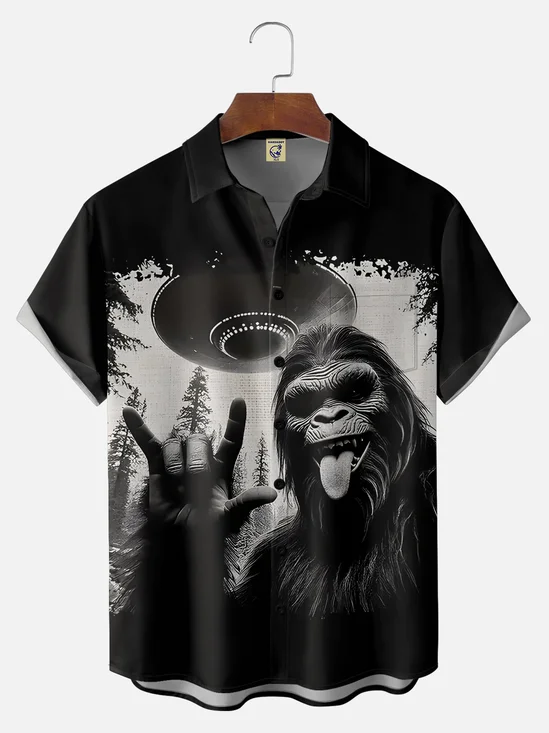 Big Size Moisture Wicking Alien Spaceship Bigfoot Chest Pocket Hawaiian Shirt