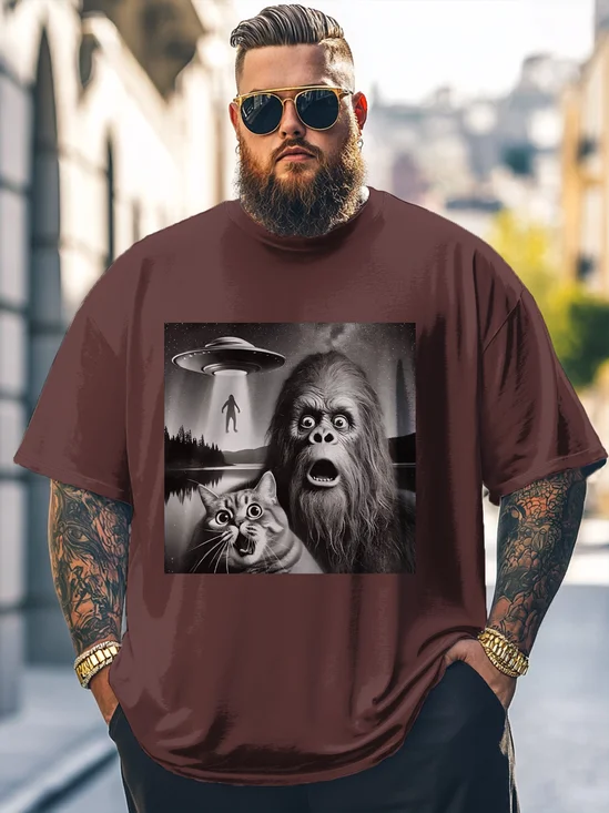 Big Size Men's Bigfoot Cat UFO Fun Print Loose T-shirt