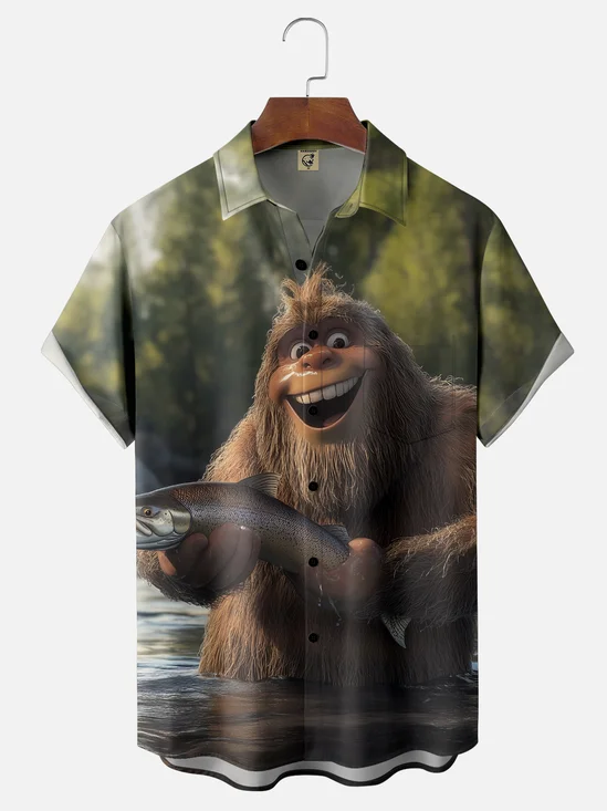 Moisture-wicking Bigfoot Fish Catching Fun Chest Pocket Hawaiian Shirt