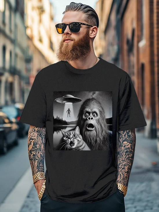 Men's Bigfoot Cat UFO Selfie Fun Fitted T-shirts