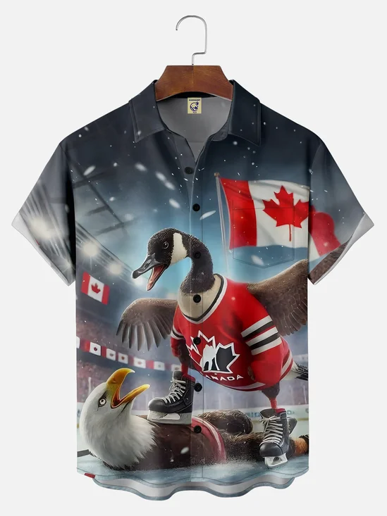 Big Size Moisture Wicking Canada Maple Goose Chest Pocket Hawaiian Shirt
