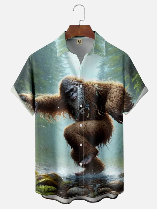 Moisture-wicking Bigfoot Yoga Forest Chest Pocket Hawaiian Shirt