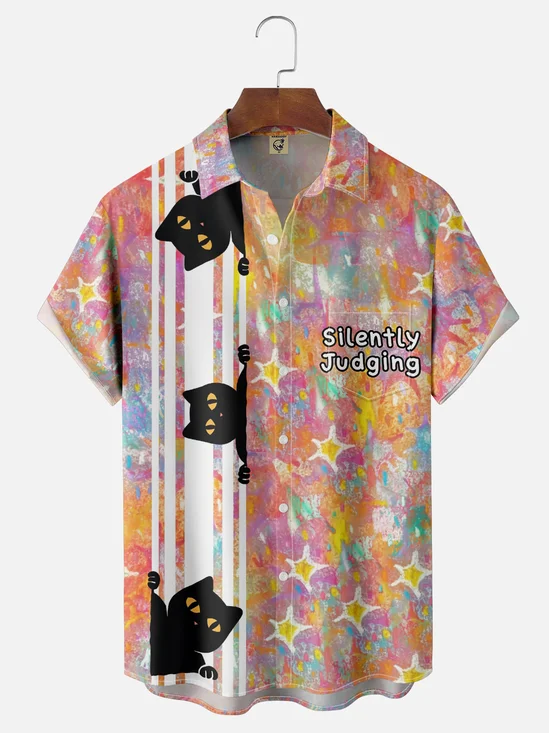 Hardaddy x Coffee Man Moisture Wicking Fun Black Cat Chest Pocket Hawaiian Shirt