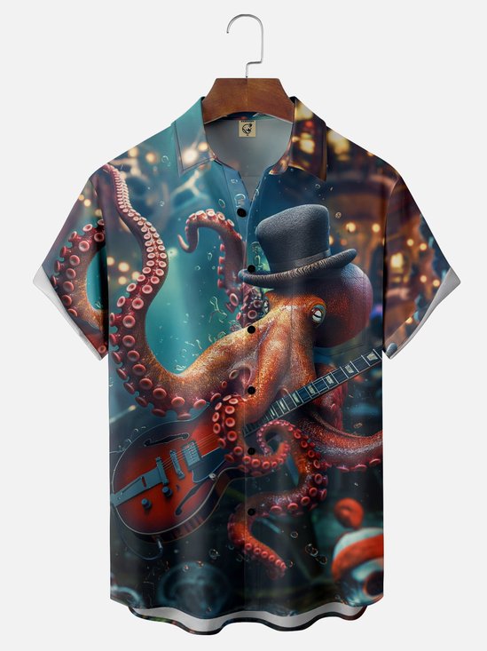 Moisture Wicking Octopus Guitar Chest Pocket Hawaiian Shirt
