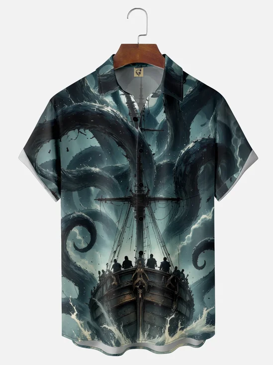 Moisture-Wicking Ombre Abstract Octopus Sailboat Chest Pocket Hawaiian Shirt