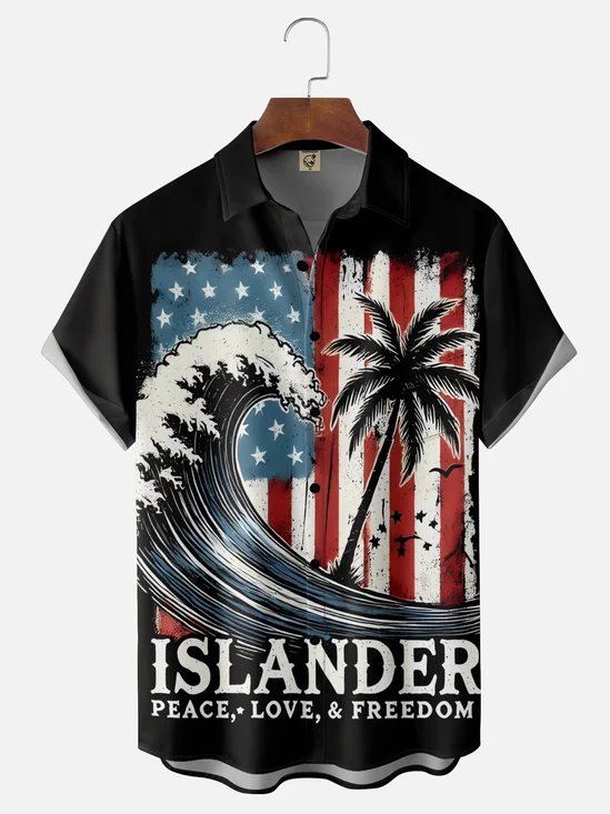 Moisture Wicking Independence Day Coconut Tree Chest Pocket Hawaiian Shirt