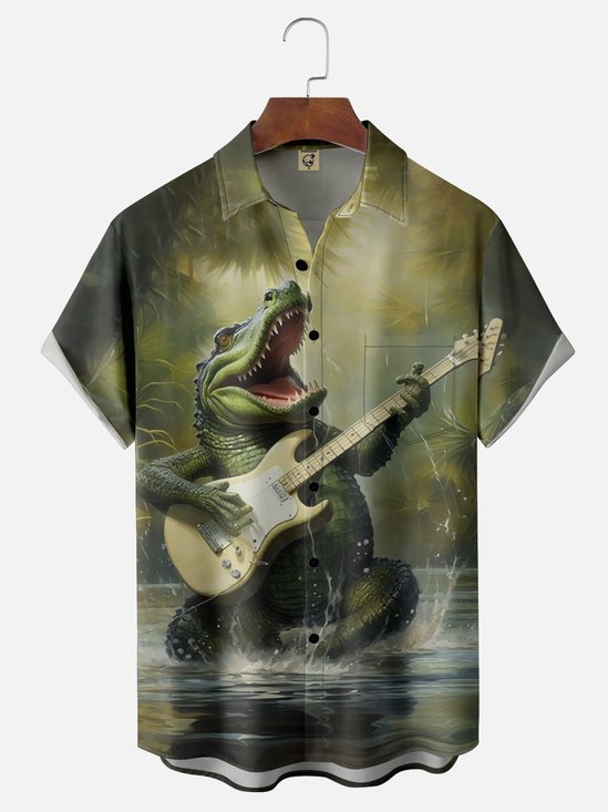 Moisture Wicking Fun Guitar Croc Chest Pocket Hawaiian Shirt