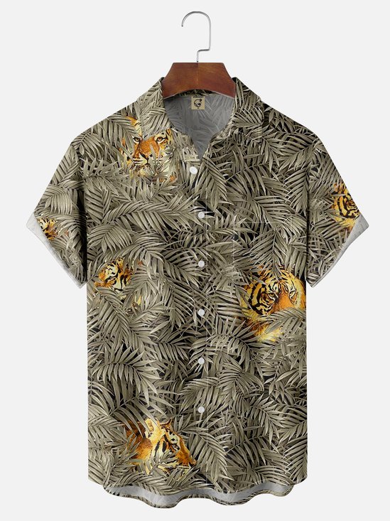 Moisture Wicking Plants Leaf Tiger Chest Pocket Hawaiian Shirt