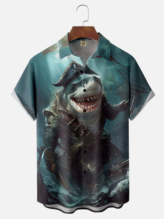 Moisture Wicking Pirate Shark Chest Pocket Hawaiian Shirt