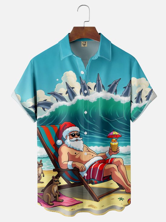 Moisture Wicking Christmas Beach Santa Vacation Chest Pocket Hawaiian Shirt