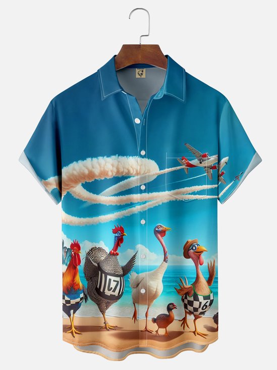 Moisture Wicking Beach Chicken Chest Pocket Hawaiian Shirt