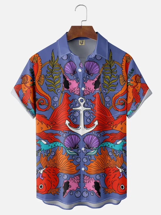 Hardaddy x Janet Johnson Moisture-wicking Art Undersea World Fish Chest Pocket Casual Shirt